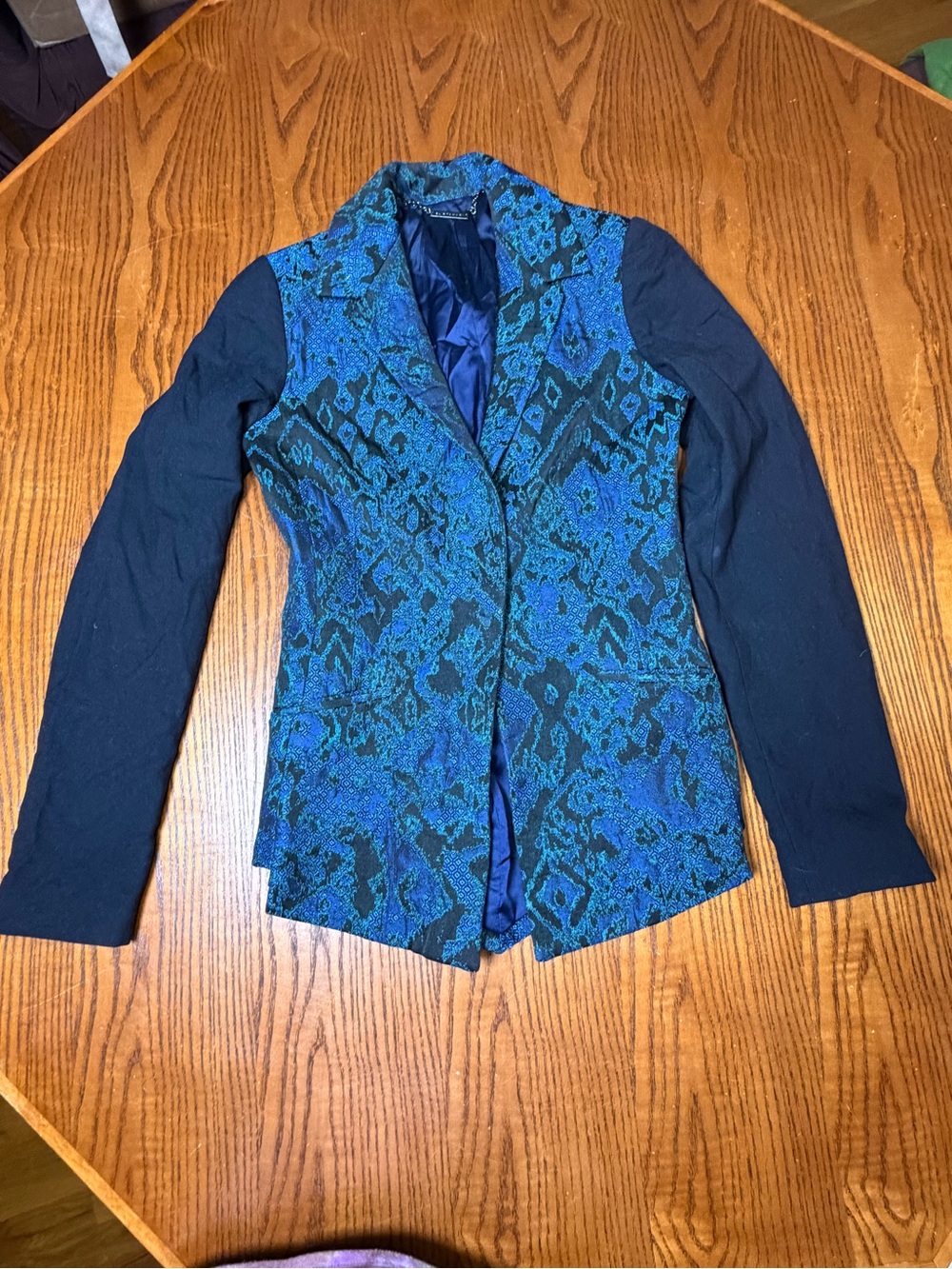 Elie Tahari Women’s Size 2 Blue Teal Black Jacquard Longline Blazer Jacket